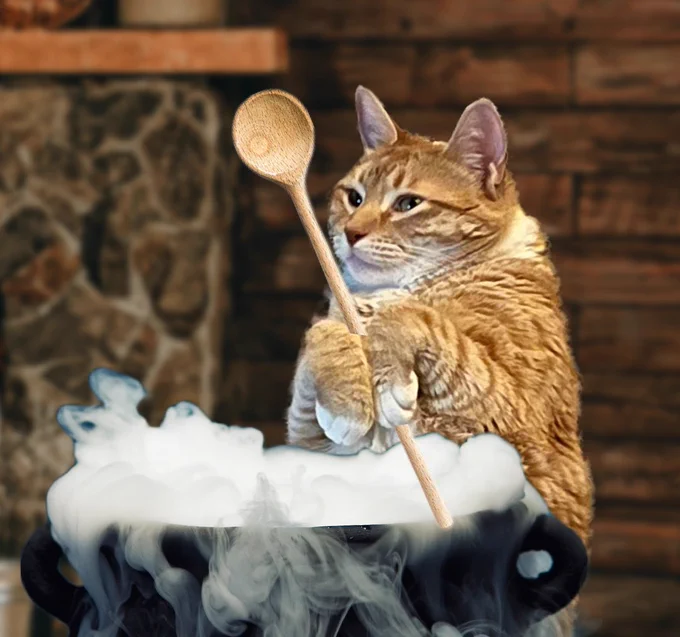 An orange cat is photoshopped making a big soup. He’s holding a big wooden spoon and standing by a big steamy cauldron