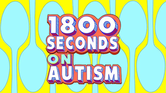 The 1800 seconds on autism artwork showing the text “1800 seconds on autism “ against a cartoon background of blue spoons on a yellow background.