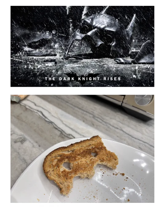 Two pictures: the Dark Knight Rises movie poster, with Batman’s broken mask, lying on the ground in the pouring rain; and the four year old’s half-eaten breakfast toast, with two eye-holes poked through it.