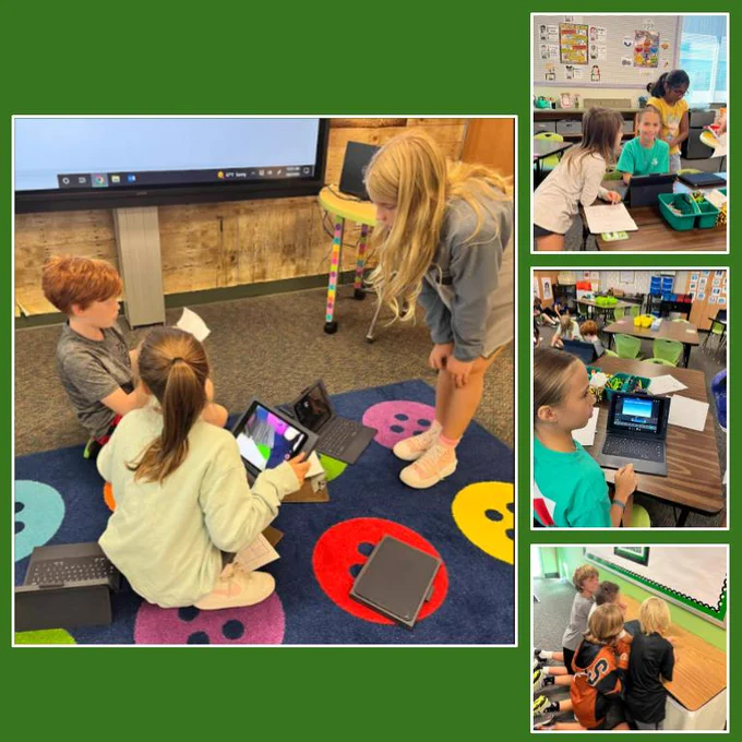 Students are putting images and videos of a recent science experiment into iMovie to feature their culminating project. 