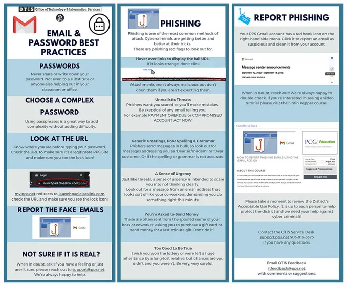 screenshot of three different cybersecurity infographics from OTIS: email and password best practices, phishing, and report phishing