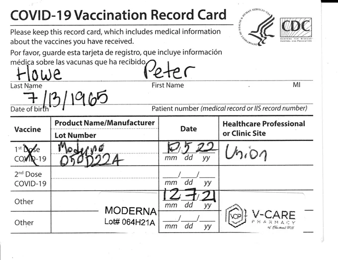 My vaccination card showing my 4th Moderna shot today
