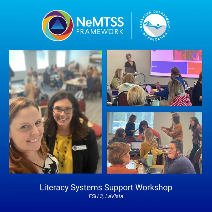 Literacy Systems Support Workshop collage of images of educators working together in a classroom in LaVista, Nebraska.