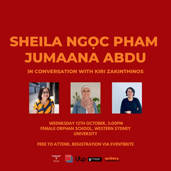 Three images of the panelists sit on a dark red background. From left to right: Sheila Ngoc Pham smiles at the camera, wearing black glasses and a blue and yellow top, Jumaana Abdu wears a tan coloured headscarf and jean jacket, and Kiri Zakinthinos wears a longsleeve top and smiles at the camera. 