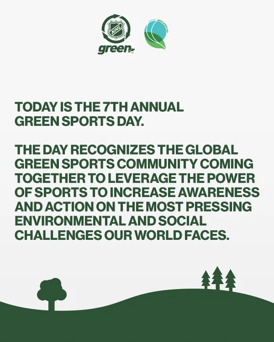 Top: NHL Green and Green Sports Day logos

Middle: green text on white background reading, "Today is the 7th annual green sports day. The day recognizes the global green sports community coming together to leverage the power of sports to increase awareness and action on the most pressing environmental and social challenges our world faces."

Below: a green hill with one tree on the left and three on the right