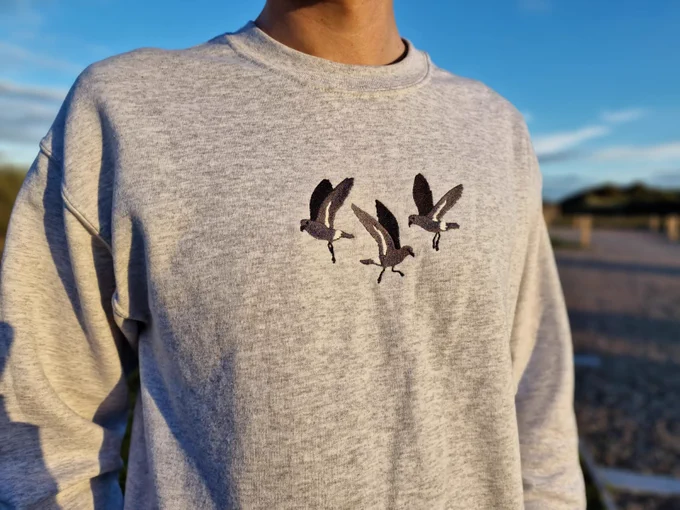 Ash grey sweater with three embroidered storm petrels