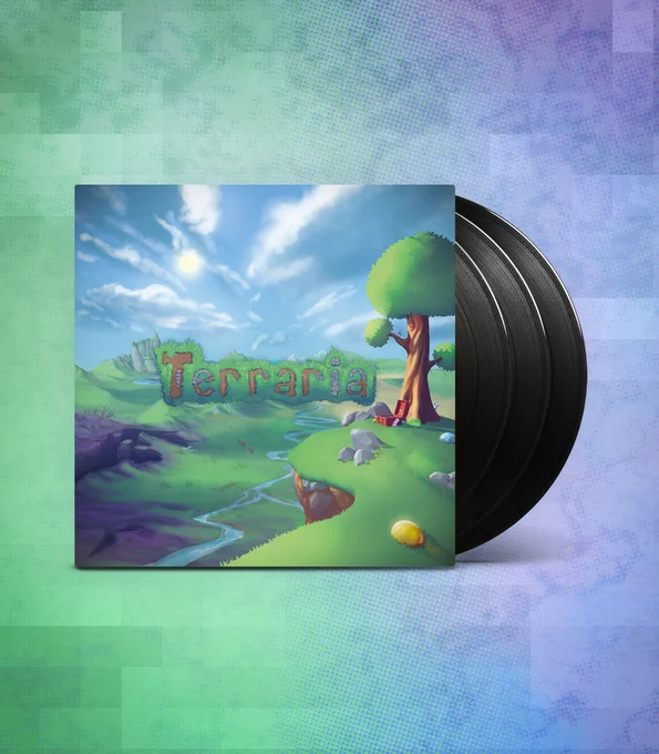 The Terraria triple vinyl with black LPs and illustrated artwork showing biomes from the game