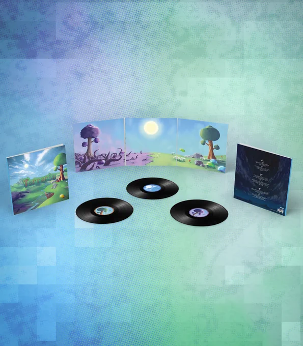 The Terraria triple vinyl laid out with black LPs and illustrated artwork showing biome landscapes.