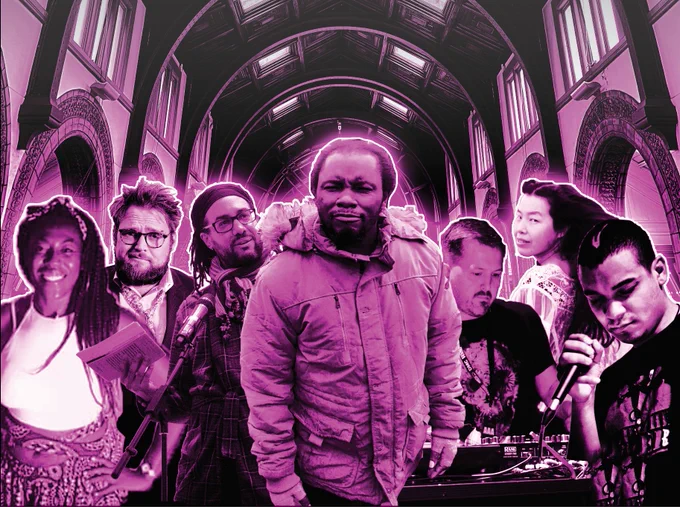 Purple cut-out photos of performers taking part in SoundMind with a large room at Leeds Central Library in the background