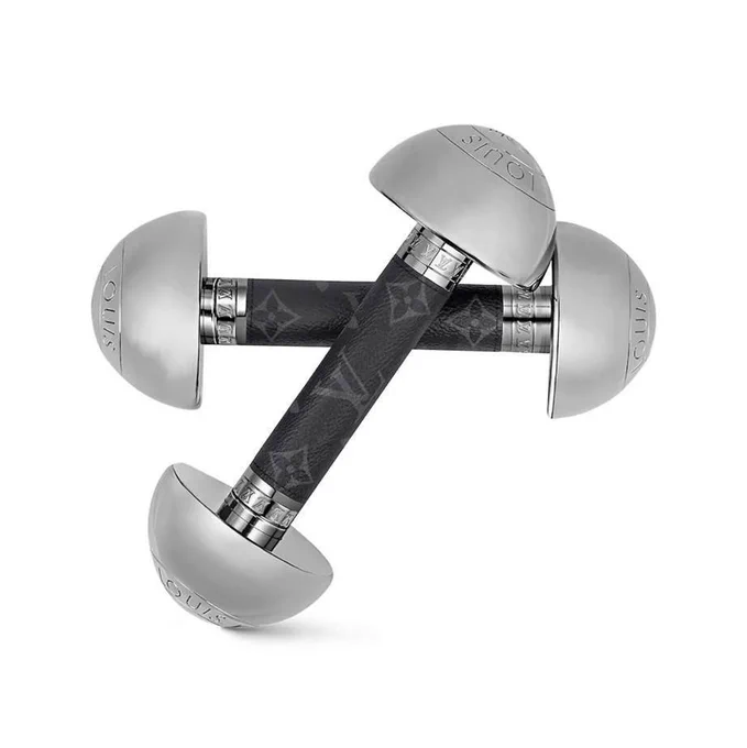 2 dumbbells with black handles and silver half sphere ends. The LV logo is all over it