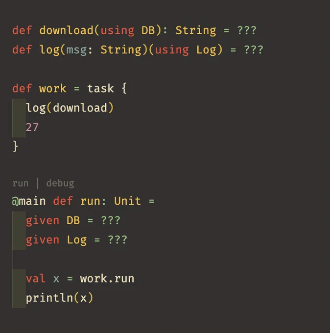 Scala code, showing abstraction over context function types allowing for better type inference.