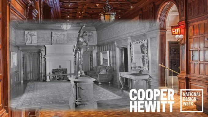 A black and white photo on the grand hall of the Carnegie Mansion superimposed over a current color photo of the same room.
