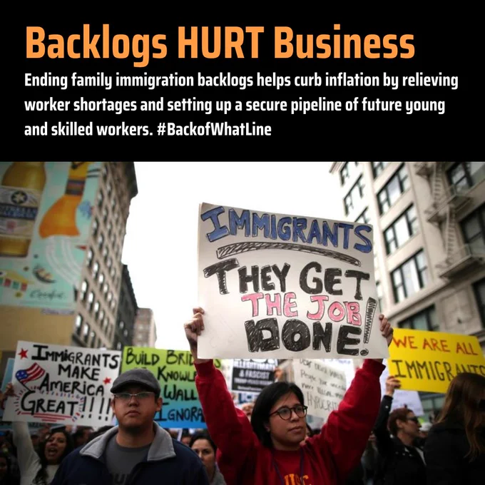 There is a photo of people marching in a protest and carrying signs in support of immigrants.  One says: "Immigrants make America great!!!" Another says: Immigrants, They Get the Job Done!" At the top in orange and white lettering, the text reads: Backlogs HURT Business. Ending family immigration backlogs helps curb inflation by relieving worker shortages and setting up a secure pipeline of future young and skilled workers. #BackofWhatLine