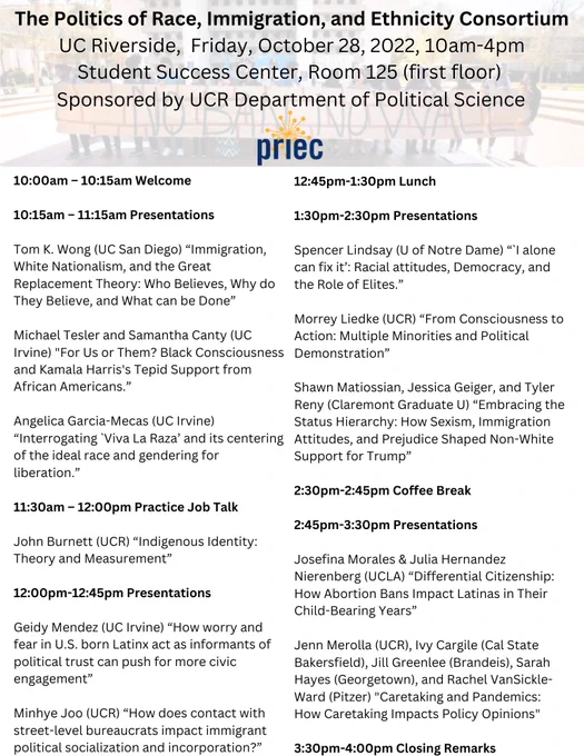 Schedule for PRIEC meeting at UCR on 10/28/2022, from 10am-4pm.