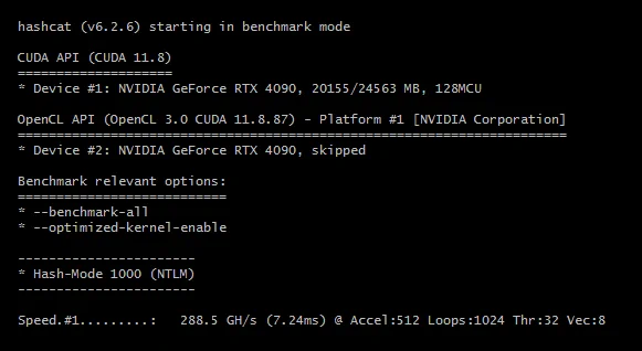Hashcat v6.2.6 benchmark on the Nvidia RTX 4090