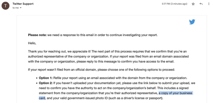 Screenshot of stupid email from Twitter asking me to upload a business card to prove I work for my organization.