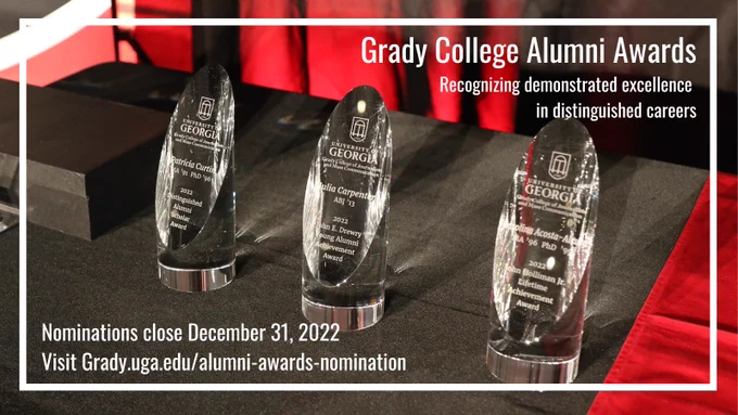 Picture of awards to encourage Grady College Alumni Award nominations.
