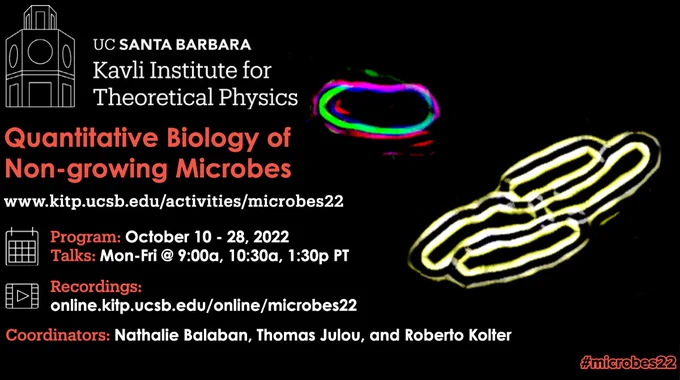 Tower logo
UC Santa Barbara
Kavli Institute for Theoretical Physics

Quantitative Biology of Non-growing Microbes

https://www.kitp.ucsb.edu/activities/microbes22

Program: October 10 - 28, 2022
Talks: Mond-Fri @ 9:00a, 10:30a, 1:30p PT
Recordings: https://www.kitp.ucsb.edu/activities/microbes22
Coordinators: Nathalie Balaban, Thomas Julou, and Roberto Kolter