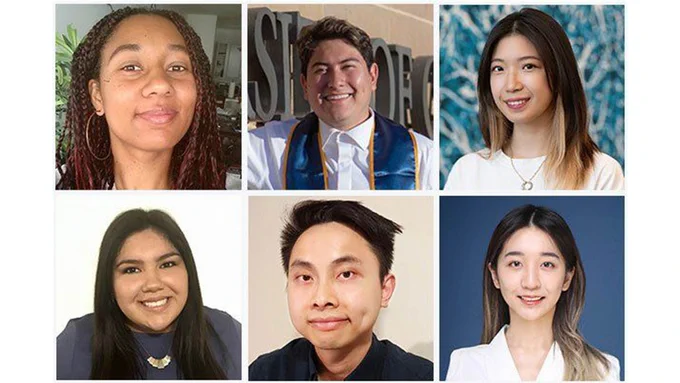 Grid of photos of first cohort of UCSF Curci Scholars. Top left-right: Amelie Delcourt, Ricardo Espinosa Lima, Yang-Sun Hwang. Bottom left-right: Gabi Maldonado, Caleb Tong, Xinlan Wen