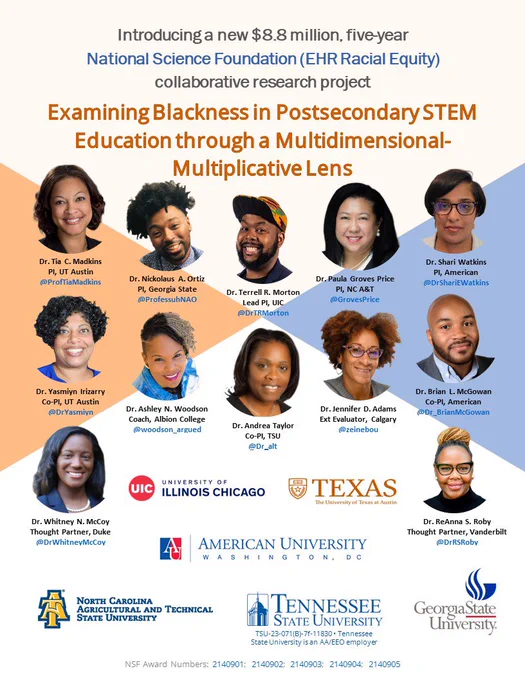 Flyer introducing new $8.8 M, five-year NSF EHR Racial Equity collaborative project, "Examining Blackness in Postsecondary STEM Education through a Multidimensional-Multiplicative Lens." Includes logos of participating institutions and information about study team members.