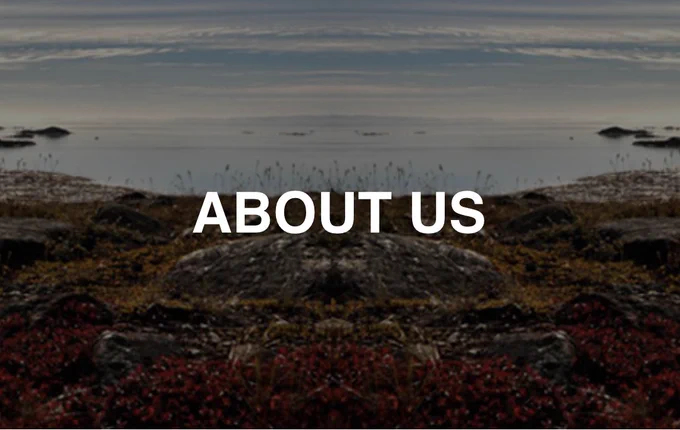 Nunavut landscape photo with white text reading "about us"