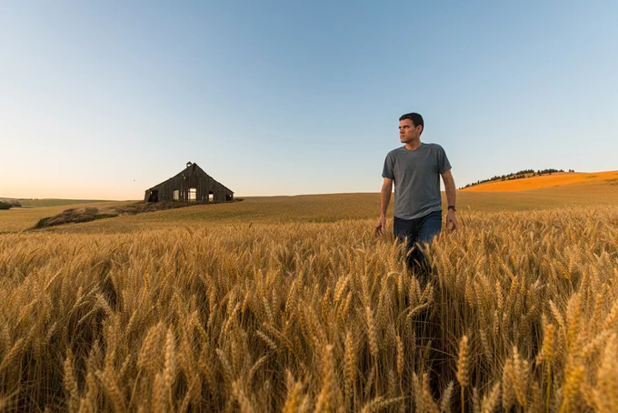 A person walking in a rural setting at sunset