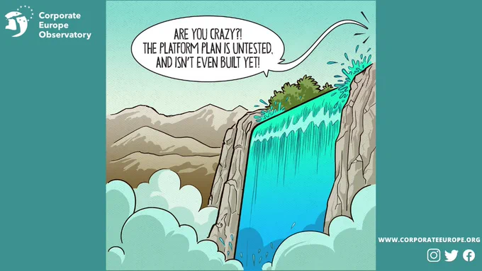 Image of the waterfall without the platform and a speech balloon directed at the raft saying:
Are you crazy?! The platform is untested, and isn't even built yet!