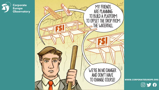 The man in a suit, the one rowing, says confidently:
My friends are planning to build a platform to offset the frop from the waterfall. We're in no danger and we don't have to change course!
Behing him we see the image of the supposed platform built by the company "false solutions inc"