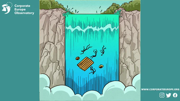 The raft and the people fall down the waterfall