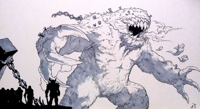 An ink and copic marker portrait of a colossal elder Shambler. Its aged body is marred with nails from countless battles. A Death Knight and some Knights stand in the foreground while three Scrags fly by.