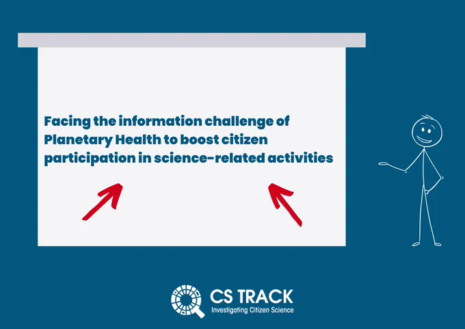 Graphic promoting the poster session, includes a stick figure pointing to a poster that contains the title of the poster "Facing the information challenge of Planetary Health to boost citizen participation in science-related activities" and 2 red arrows pointing at it