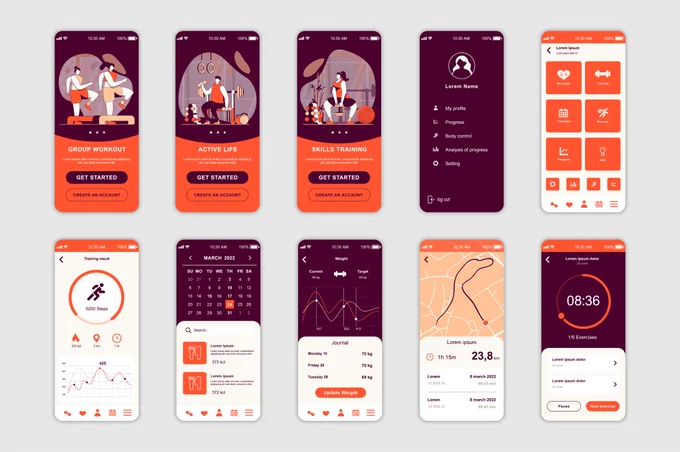 Fitness concept screens set for mobile app template. People at groupe workout, online training and healthy lifestyle. UI, UX, GUI user interface kit for smartphone application layouts. Vector design.
