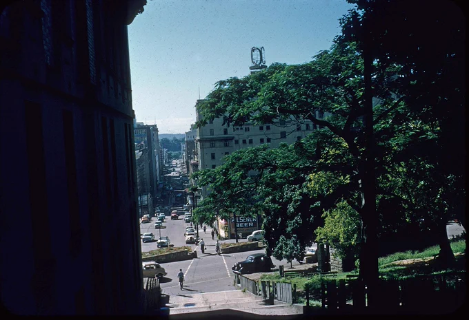 Looking down Edward Street. Is it the 1950s? Maybe early sixties. Looks ominous, folks. That building on the left looms. 