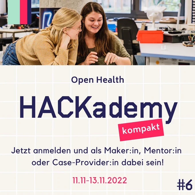 Im oberen Drittel des Posts ist ein Foto von zwei Personen die gemeinsam an etwas arbeiten. Im Hintergrund sind weitere Arbeitstische zu sehen. Im Rest des Posts ist folgender Text:
Open Health HACKademy kompakt. Jetzt anmelden und als Maker, Mentor:in oder Case-Provider dabei sein!
11.11-13.11.2022