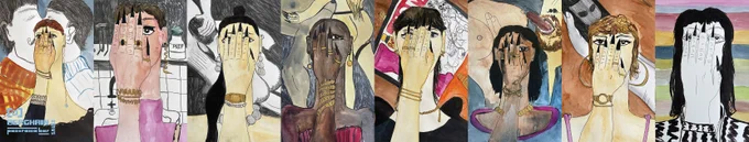 Artwork Flyer Berghain / Panorama Bar Oktober 2022: eight drawings of eight female read persons raising their right hand in front of their faces, art by Josip Novosel [https://www.instagram.com/josip_novosel]
