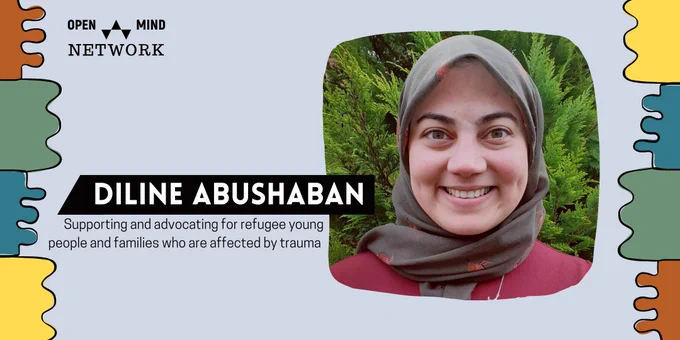 Teachmeet announcement with text "Diline Abushaban: Supporting and advocating for refugee young people and families who are affected by trauma"