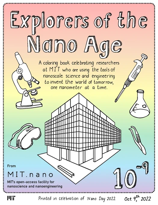 The cover of a coloring book called "Explorers of the Nano Age". The cover includes an outline of the MIT.nano building at MIT, a microscope, beaker, tweezers, and safety glasses.