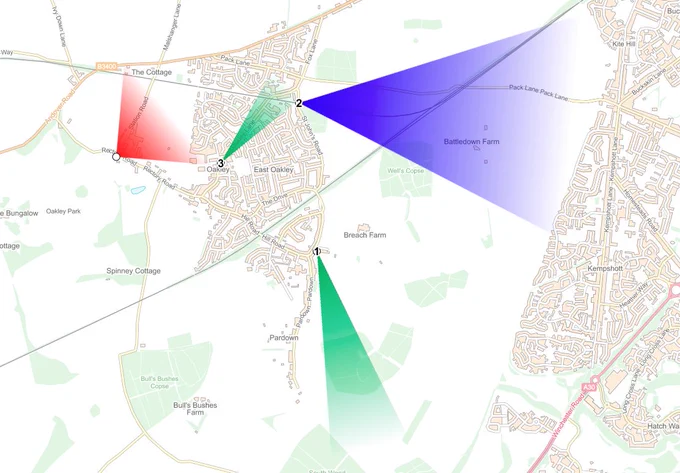 Map showing multi-coloured viewsheds