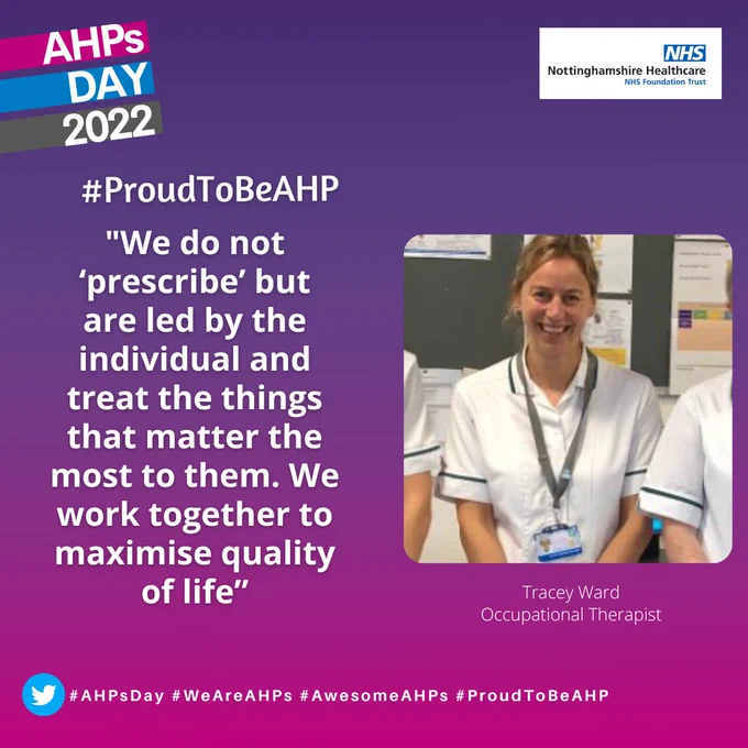 Photo of Tracey Ward, Occupational Therapist with the quotation "We do not prescribe" but are led by the individual and treat the things that matter to them. We work together to maximise quality of life"