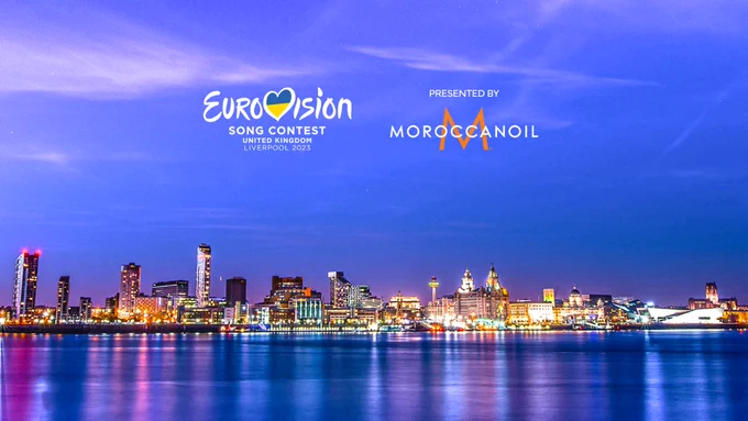 An image of Liverpool city skyline with Eurovision and Moroccanoil logos.