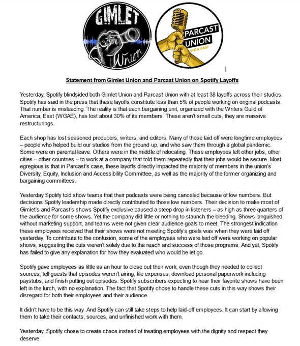 Statement from Gimlet Union and Parcast Union on Spotify Layoffs
