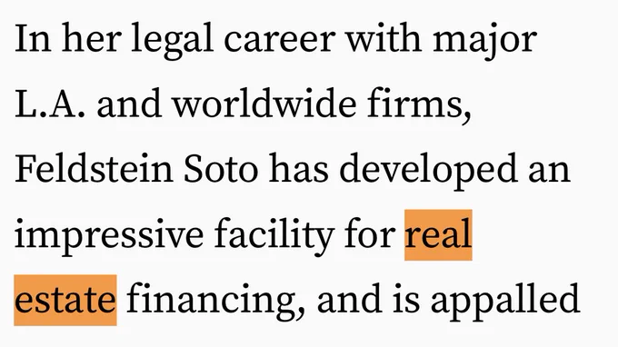 In her legal career with major L.A. and worldwide firms, Feldstein Soto has developed an impressive facility for real estate financing,