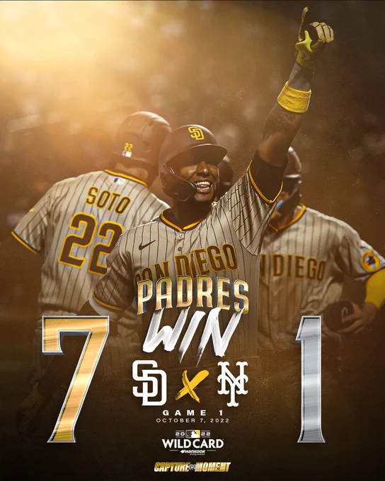 Photo of Jurickson Profar smiling and pointing to the crowd. Padres Win graphic with today's date, October 7, 2022. Game 1 of the 2022 Wild Card. 

Final score: Padres 7, Mets 1