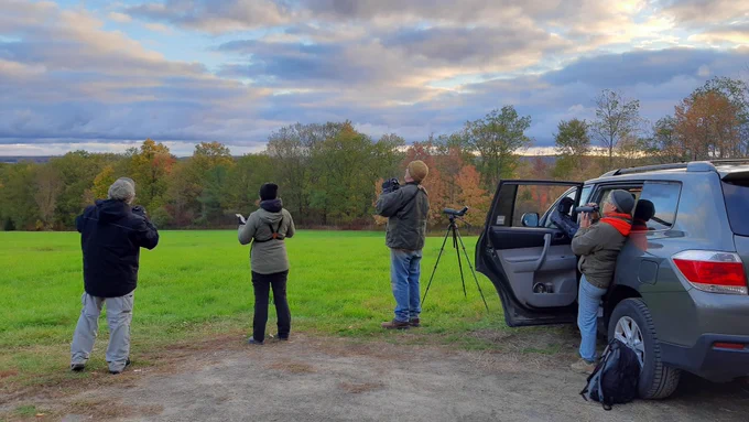Birders standing at the edge of a grassy field, looking at a colorful fall treeline. (From left to right): Ken Rosenberg, Josée Rousseau, Bill Evans, and Martha Fischer.