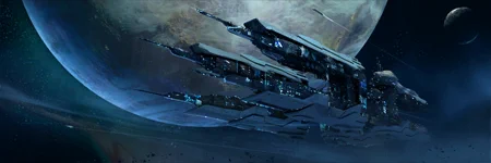 a science nexus, a vast orbital research installation composed of eight parallel laboratory wings in two sets of two on each side of a central hub, in front of a planet