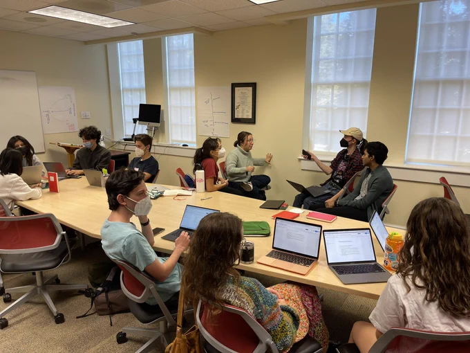 Students seated around a table planning performance pieces.