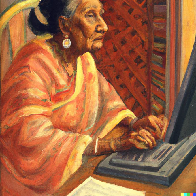 Old woman on a desktop computer wearing a blush coloured saree.
