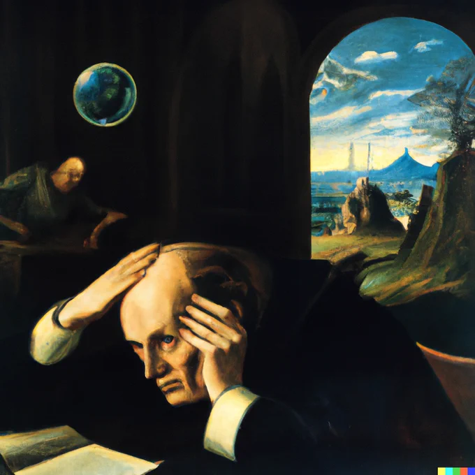 Painting (generated by AI) shows a person looking stressed while a bubble above his head reflects the colors of a scene outside his window