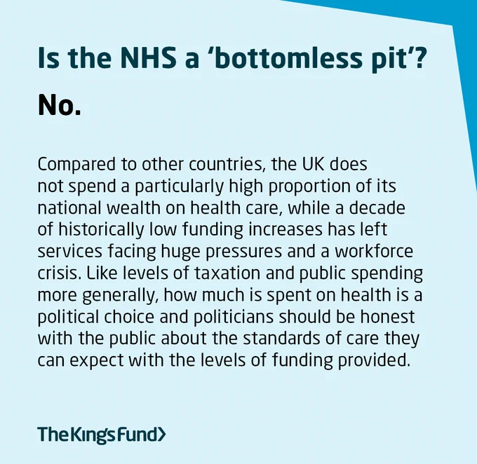 Is the NHS a 'bottomless pit'?
No.
Compared to other countries, the UK does not spend a particularly high proportion of its national wealth on health care, while a decade of historically low funding increases has left services facing huge pressures and a workforce crisis. Like levels of taxation and public spending more generally, how much is spend on health is a political choice and politicians should be honest with the public about the standards of care they can expect with the levels of funding provided. 