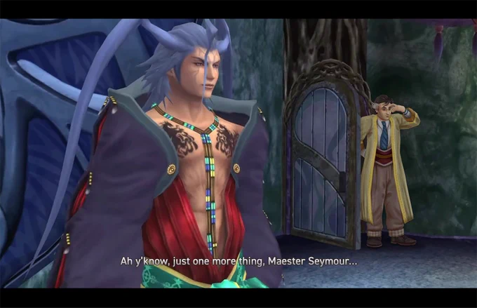 A screenshot from the game Final Fantasy X with the villain Seymour in the foreground, and tv detective Columbo entering back in through a door in the background. Columbo has a hand up to his forehead and looks like he is thinking out loud. The subtitles read "Ah y'know, just one more thing, Maester Seymour..."